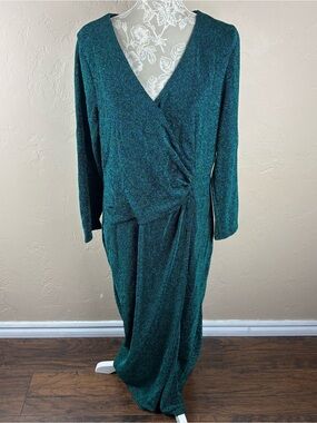 EVA USA Green Sparkle Formal Gown Dress Long Sleeve Faux Wrap Ruched Women’s 3XL